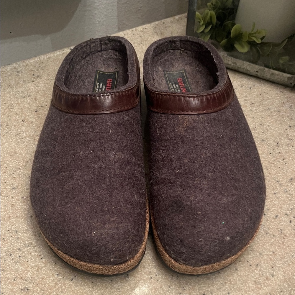 Haflinger Smoky Brown with leather Trim Wool Slip-On Clogs Unisex size 39